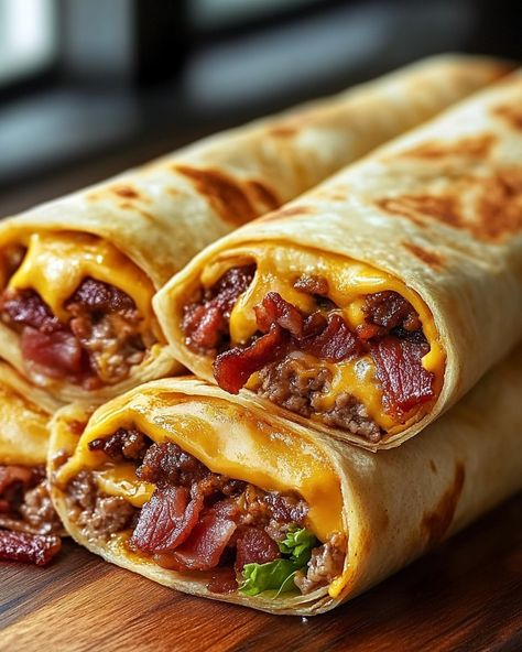 Ultimate Bacon Cheeseburger Tortilla Roll-ups Bacon Cheeseburger Wraps, Bacon Cheeseburger Roll Up, Cheeseburger Tortilla, Ww Bacon Cheeseburger Wraps, Cheeseburger Tortilla Wrap, Easy Bacon Cheeseburger Roll Up, Food Reference, Tortilla Rolls, Bacon Cheeseburger