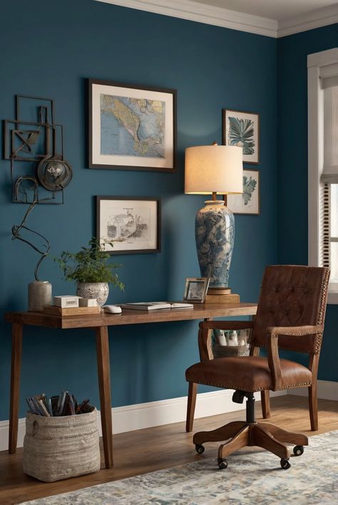 color coordination home, 
home design ideas, 
interior decoration services, 
decorating styles for homes Turquoise Office Walls, Home Office Blue Walls, Blue Office Ideas, Blue Office Decor, Office Wall Colors, Blue Home Offices, Fall Furniture, Neutral Fall Decor, Sleek Furniture