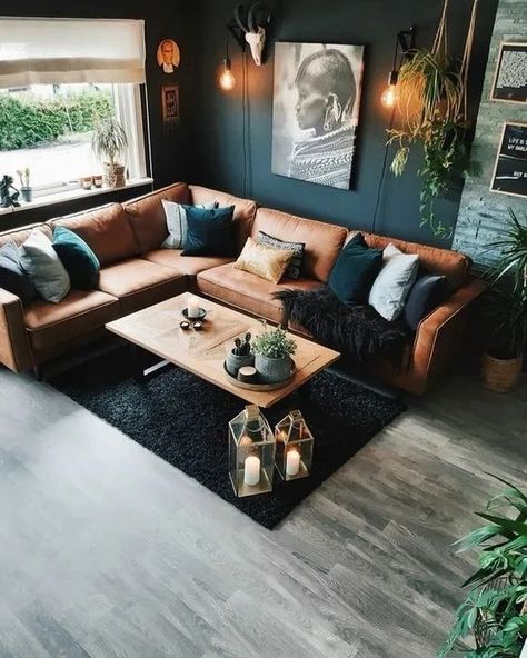 Modern Living Room Ideas Brown Couch, Black Interior Walls Living Room, Ideas On How To Decorate My Living Room, Home Aesthetic Inspiration Living Room, Den Vs Living Room, Decadent Living Room, Industrial Earthy Living Room, Brown Black And Blue Living Room, Modern Rustic Style Living Rooms