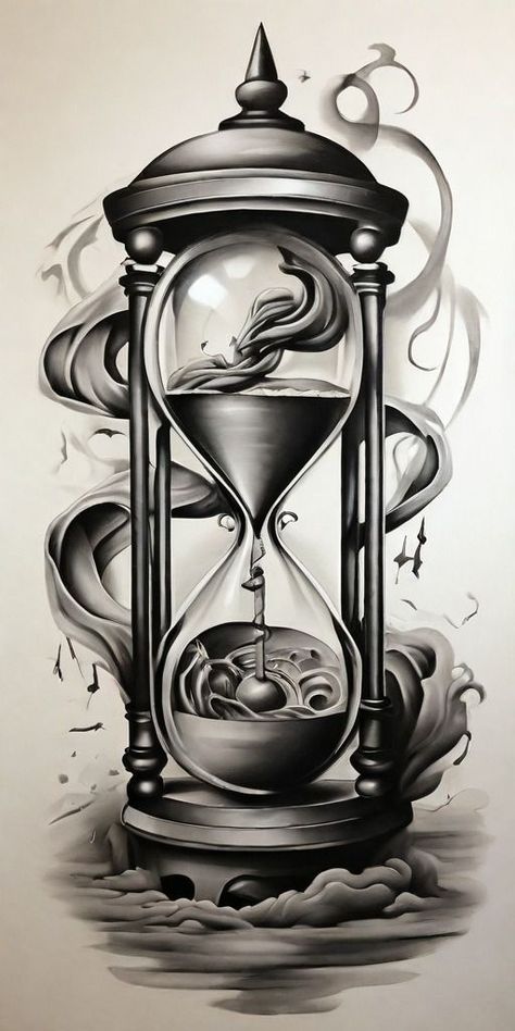 Sand Clock Tattoo Design, Sand Clock Tattoo, Hourglass Tattoo Design, Hour Glass Tattoo Design, Forearm Cover Up Tattoos, Scroll Tattoos, Leg Sleeve Tattoos, Red Tattoo Ideas, Clock Drawings