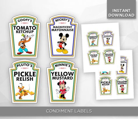 I came across these Disney condiment labels the other day while shopping and I could not stop laughing. If people buy apple slices or carrots or pasta, simply because of the Disney label and knowledge of the fact their kids are more likely to eat them if they are Disney, then why not these labels!!?! … Mickey Food Labels, Disney Party Desserts, Mickey Mouse Food Labels, Diy Mickey Mouse Birthday Party, Mickey Mouse Birthday Party Ideas 1st, Doodles Birthday, Mickey Mouse Birthday Decorations, Mickey First Birthday, Mickey 1st Birthdays