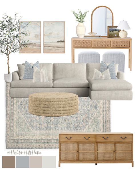 Coastal Grey Couch, Coastal Living Room With Grey Sectional, Neutral Coastal Family Room, Grey Living Room Couch Ideas, Coastal Small Apartment, Modern Grandmillenial Living Room, Modern Coastal Home Aesthetic, Coastal Transitional Living Room, Transitional Coastal Living Room