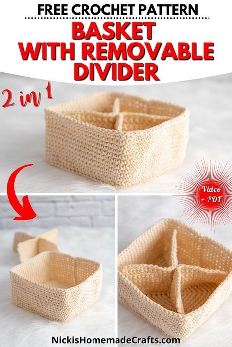 Learn to crochet this beginner friendly basket with removable dividers pattern. Cotton Basket with hardened to be sturdy with glue and water. This free crochet pattern comes with an ebook, pdf and video tutorial for crochet beginners. Great crochet beginner pattern to make last minute gifts for the Christmas and Holiday Season. Crochet Square Basket, Basket Crochet Pattern, Crochet Beginners, Crochet Beginner, Cotton Basket, Crochet Organizer, Basket Crochet, Organizing Hair Accessories, Square Baskets