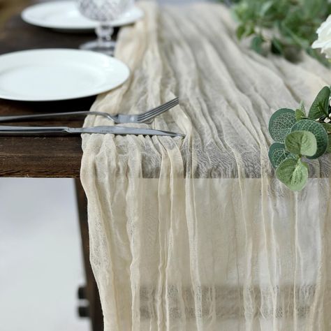 10FT Cream Cheesecloth Table Runner, Gauze Fabric Boho Wedding Arbor Decor | TableclothsFactory Arbor Decor, Cheesecloth Table Runner, Wedding Arbor, Wedding Arch Rustic, Boho Table Runner, Blue Table Runner, Boho Table, Wedding Tablecloths, Cotton Wedding