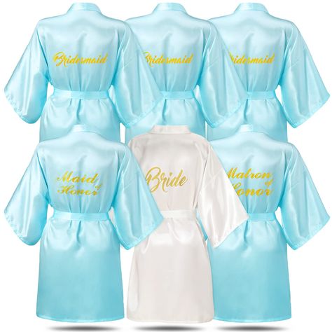 PRICES MAY VARY. Bridal Party Satin Robes: the package includes 1 piece of white bride robe, 3 pieces of blue bridesmaid robes, 1 piece of blue maid of honor robes, 1 piece of blue matron of honor robes, measuring about 34.7 inches long, soft satin sleepwear for bride and bridesmaid, suitable for bridal shower, wedding shower, bachelorette party, bridesmaid night party, bridal party, sleeping, bathing, and lounging, let you shine any time Reliable Material: these wedding satin robes sets back wi Blue Bridesmaid Robes, Bridesmaids Essentials, Bridesmaid Robes Blue, Wedding Party Robes, Bridesmaids Robes, Wedding Robes, Robe Wedding, Wedding Dresses Cinderella, Light Blue Wedding