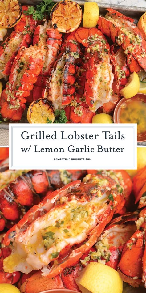 Grilled Lobster Tails using a lemon garlic butter sauce. Ready in less than 20 minutes. Sweet, succulent and delicious! Butter For Lobster, Lobster Butter Sauce, Broiled Lobster Tail, Dessert Korean, Grill Lobster Tail Recipe, Broiled Lobster Tails, Recipes Filipino, Food Filipino, Broil Lobster Tail