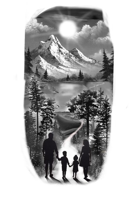 Nature Family Tattoo, Tattoo For Family, Mountain Sleeve Tattoo, Cool Nature Tattoos, Family Sleeve Tattoo, Natur Tattoo Arm, Berg Tattoo, Outdoor Tattoo, Forearm Cover Up Tattoos