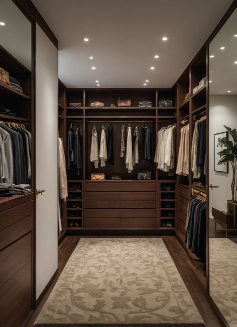 Step into sophistication with this impeccably designed walk-in closet! Featuring rich brown furniture that contrasts beautifully against crisp white walls, this space is both functional and stylish. A plush beige rug adds warmth, making it the perfect retreat to showcase your fashion collection. From tailored suits to casual wear, this closet elevates organization to an art form. Pin this for your dream closet makeover! #MensFashion #WalkInCloset #InteriorDesignGoals Brown Closet Aesthetic, Vintage Closet Room, Brown Dressing Room, Brown Walk In Closet, Dark Wood Closet, Walk In Closet Inspiration, Primary Closet, Dark Wood Bedroom, Dark Brown Cabinets