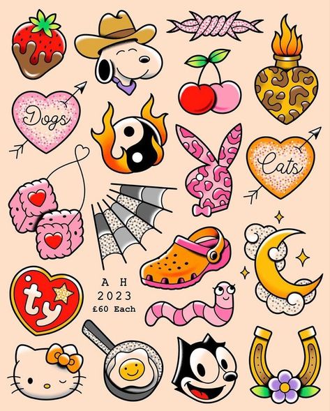 Cool Tattoo Flash Sheet, Cute Flash Tattoo Ideas, Cute Flash Sheet Tattoos, Cute Flash Tattoos Color, Lisa Frank Flash Tattoo, Patchwork Tattoo Ideas Color, Colored Flash Tattoos, Get What You Get Tattoo Flash, Small Patchwork Tattoo Ideas Women