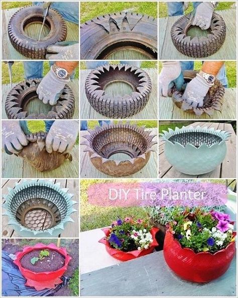 diy tyre planter Reuse Old Tires, Tire Craft, Tire Garden, Tire Planters, Tire Art, Old Tires, Outdoor Planter, Concrete Planters, Garden Crafts