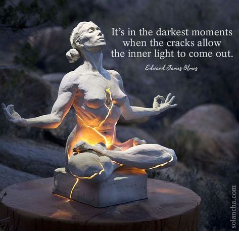 ”It’s in the darkest moments when the cracks allow the inner light to come out.” ~ Edward James Olmos #innerlight #innerlightquotes #divinespark #quotes #spiritualquotes Kintsugi Makeup, Paige Bradley, Florence Academy Of Art, Free Spirit Quotes, Light Quotes, Divine Nature, Inner Light, Figurative Sculpture, Bronze Sculpture