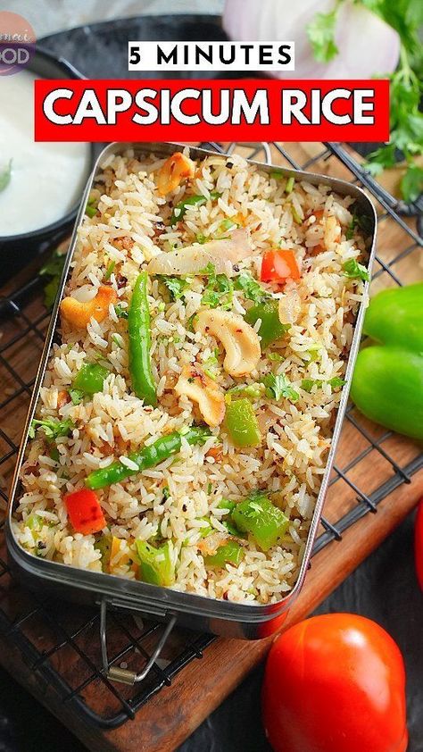 Capsicum Rice in Just 5 Min For Lunch Box #lunchboxrecipe #leftoverricerecipe #lunchboxrecipe Hello Foodies!!! Today I am sharing with you such an easy recipe: Capsicum Rice. The rice recipe is so simple to make even bachelors or beginners can prepare it so easily. The recipe can be made by using leftover rice too. Ingredients Required for Quick and Easy Capsicum Rice Recipe: ●Ghee/Oil- 4 tbsp ●Rice(1 cup)- Cooked with little Salt ●1 tsp Cumin ●1/2 tbsp Ginger choppings ●Cashews- 10-12 Capsicum Rice Recipes, Capsicum Rice, Using Leftover Rice, Healthy Food Recipies, Healthy Foods To Make, Skin Nutrition, Leftover Rice, Healthy Food Options, Lunch Recipes Healthy