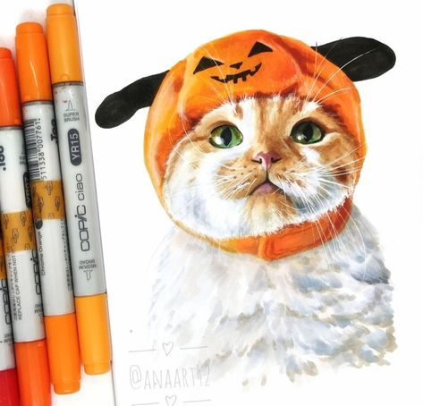 Marker Cat Drawing, Cat Marker Drawing, Easy Diy Room Decor, Copic Art, Marker Drawing, Copic Markers, Cat Drawing, Animal Paintings, Cat Pics