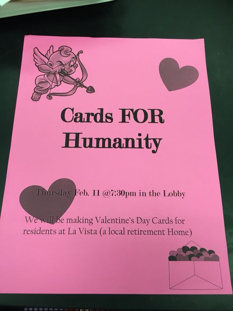 Cards for Humanity RA program. We made cards for a local retirement home and they were delivered on Valentine's Day. #RA #valentinesday #CA #reslife #programideas, #RAprograms February Ra Programs, Ra Valentines Day Program, Hosa Activities, Social Events Ideas, Dorm Activities Resident Assistant, Ra Ideas Programming, Ra Programming Ideas, Ra Program Ideas Activities College Students, Program Ideas Resident Assistant