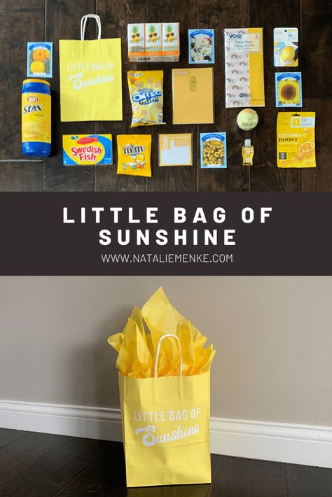 The Ultimate Guide to Creating a Little Bag of Sunshine - Natalie Menke Yellow Teacher Appreciation Gifts, Secret Teacher Gift Ideas, Welcome Gifts For Residents, Employee Of The Month Gift Basket, Gift Bag For Teachers, Spring Gifts For Coworkers, School Office Staff Gift Ideas, Secretary Appreciation Ideas, Sunshine Basket Ideas