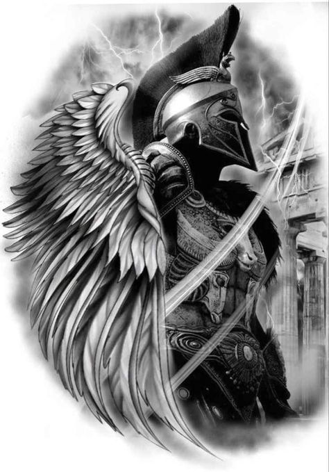 Warrior Angel Tattoo Designs, Guardian Angel Tattoo Designs For Men, Christian Warrior Tattoo, Protector Tattoo, Tattoos Warrior, Spartan Warrior Tattoo, Angel Warrior Tattoo, Tattoo Half Sleeve, Armor Of God Tattoo