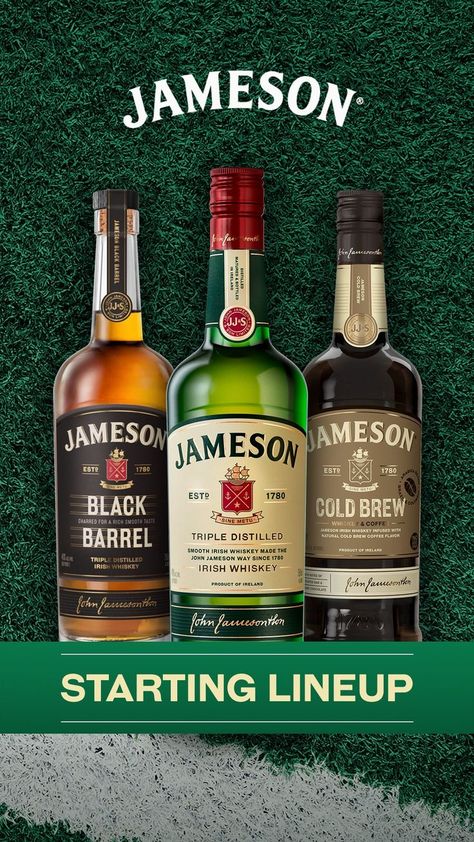 Choose Jameson Irish Whiskey, Jameson Cold Brew and Jameson Black Barrel as your starting lineup this season. Whiskey Advertising, Whisky Jameson, Pub Quizzes, Jameson Whiskey, Whiskey Meme, Jameson Irish Whiskey, Photoshop Design Ideas, Wine Photography, Funny Minion Memes