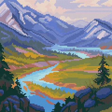 Mountain Pixel Art, Pixel Mountain, Landscape Cross Stitch Patterns, Photo Tapestry, Mountain Tapestry, Cross Stitch Landscape, Pixel Drawing, Pixel Crochet, Pixel Art Grid