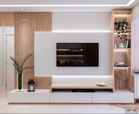 Tv Wall Design Modern Tv Rooms With Fire Place, Minimalist Living Room Design Minimalism, Tv Wall Design Wood, Tv Wall Unit With Storage, Tv Unit Interior Design Ideas, Tv Area Design, Living Room Entertainment Wall, Tv Area Ideas Living Room, Tv Background Wall Design