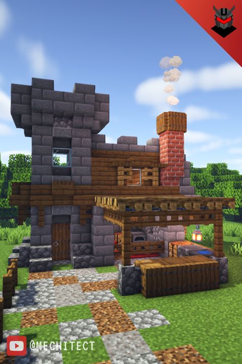 Anvil Minecraft Ideas, Smeltery Minecraft Design, Minecraft Blacksmith Forge Ideas, Minecraft Village Blacksmith, Blacksmith Minecraft Build, Minecraft Rustic House Ideas, Minecraft Smithy Ideas, Tool Smith House Minecraft, Minecraft Stone Mason Shop