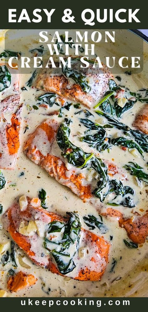 Whip up The Best Salmon in Cream Sauce for a dinner that’s both indulgent and simple! This creamy and easy recipe combines Tuscan flavors with tender, pan-seared or air fryer salmon. It’s a quick and delicious meal that’s elevated by a rich, creamy sauce infused with garlic and paired with fresh spinach. Perfect for weeknights when you need something impressive without the hassle. You’ll love how this dish brings a restaurant-quality feel right to your kitchen! Salmon Recipes With Cream Sauce, Creamed Cod Fish, Smothered Salmon Recipe, Salmon And Creamed Spinach, Creamed Cod Recipes, Salmon Dishes Dinners, Salmon Dinner Ideas Sides, Salmon In Cream Sauce, Salmon Instant Pot