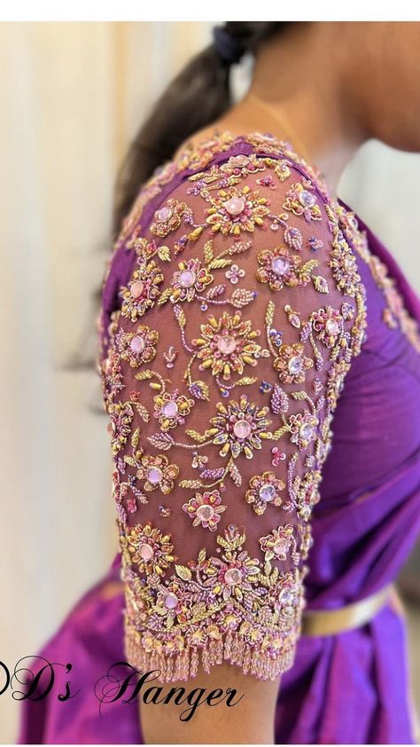 Zari Work Blouse Designs, Back Neck Designs For Blouses For Wedding, Netted Embroidery Blouse Designs, Purple Aari Work Blouse, Purple Bridal Blouse Designs, Purple Blouse Maggam Work, Reception Blouse Design, Maggam Work Dresses For Women, Net Work Blouse Designs Latest