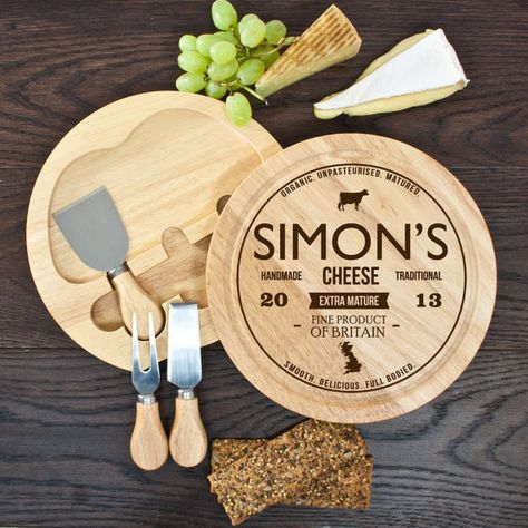 Personalised Classic Round Cheese Board with Knives Dinner Party Centerpieces, Stilton Cheese, Personalized Cheese Board, Cheese Board Set, Photo Cubes, Cheese Knife, Wooden Cheese Board, Cheese Lover, Personalised Gifts For Him