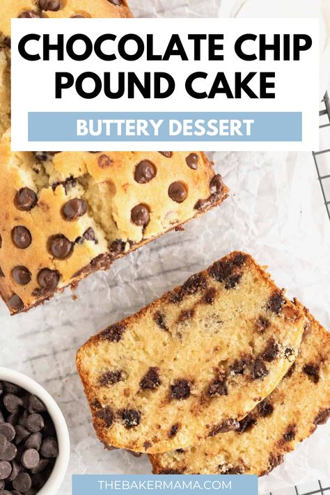 Try this amazing Chocolate Chip Pound Cake recipe. This homemade pound cake is buttery, moist and dense. Filled with melty chocolate chips, this pound cake recipe is easy to make and even easier to enjoy! Perfect dessert for anytime of year. Chocolate Chip Pound Cake Recipe, Chocolate Chip Pound Cake, Homemade Pound Cake, Chocolate Dipped Fruit, Yummy Desserts Easy, Pound Cake Recipe, Best Chocolate Chip, Fun Baking, Pound Cakes