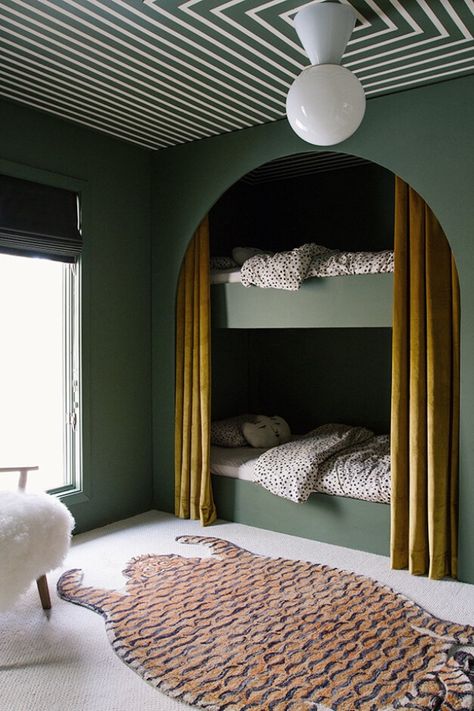 ARCHITECTURE | NgLp Designs shares inspirational spaces with circles and curves — for the love of the curve, DIY bunk bedroom design for Archie via Sarah Sherman Samuel | arch, interior, green painted walls, geometric ceiling pattern design /// #DIY #green #bedroomdesign Wallpaper Bunk Beds, Built In Bunk Bed Small Room, Bed Inside Wall, Creative Bunk Bed Ideas, Bunk Bedroom Decor, Blue And Green Kids Room, Build In Bunk Beds, Bunk Curtains, Bungalow Hotel