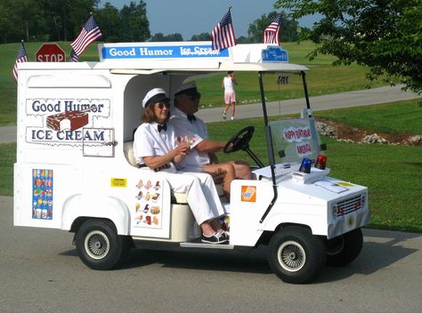 Ice-cream truck Golf Cart Ice Cream Truck, Ice Cream Golf Cart, Golf Cart Decorating Ideas 4th Of July, Golf Cart Parade, Golf Cart Decorations, Good Humor Ice Cream, Gold Cart, Vending Cart, Villages Florida