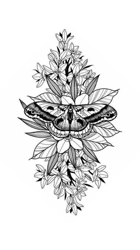 Moth Floral Tattoo Design, Plants And Butterflies Tattoo, Moth And Flowers Tattoo Design, Half Moth Half Flower Tattoo, Moth Flowers Tattoo, Moth Tattoo With Flowers, New Tattoo Designs 2023, Moth Flower Tattoo, Moth Mandala Tattoo