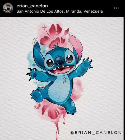 Stitch Cover Up Tattoo, New School Stitch Tattoo, Stitch Sketch Tattoo, Outline Of Stitch Tattoo, Stitch Watercolor Painting, Stitch Tattoo Watercolor, Angel Lilo And Stitch, Lilo And Stitch Tattoo, Butterfly With Flowers Tattoo