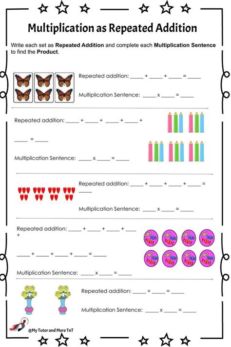 An independent practice sheet to introduce multiplication as repeated addition. Multiplication As Repeated Addition, Repeated Addition Worksheets, Repeated Addition Multiplication, Addition Worksheet, Repeated Addition, Multiplication Problems, Multiplication Worksheets, 2nd Grade Worksheets, Addition Worksheets