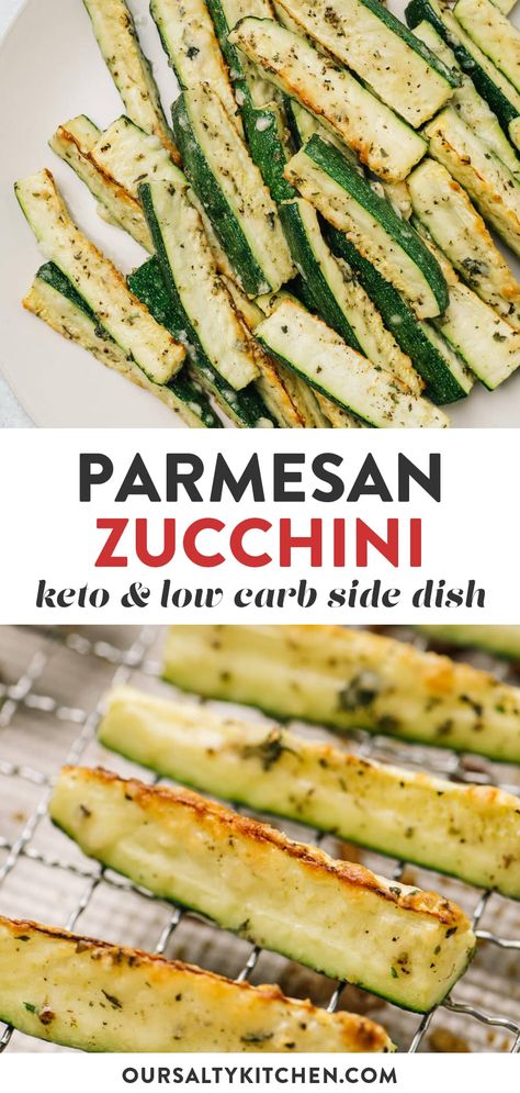 Parmesan zucchini wedges are the healthy summer side dish for your bumper crop of garden zucchini. Naturally low carb and packed with flavor, oven baked keto zucchini fries hit the spot! Coated with parmesan cheese and savory herbs, these veggie fries are crispy on the outside, tender on the inside, and couldn't be easier to make. #sidedish #zucchini #keto #ketorecipes #lowcarb Zucchini Wedges, Roasted Parmesan Zucchini, Keto Zucchini Fries, Zucchini Keto, Keto Cheeseburger, Parmesan Zucchini Fries, Garden Zucchini, Zucchini Sticks, Veggie Fries