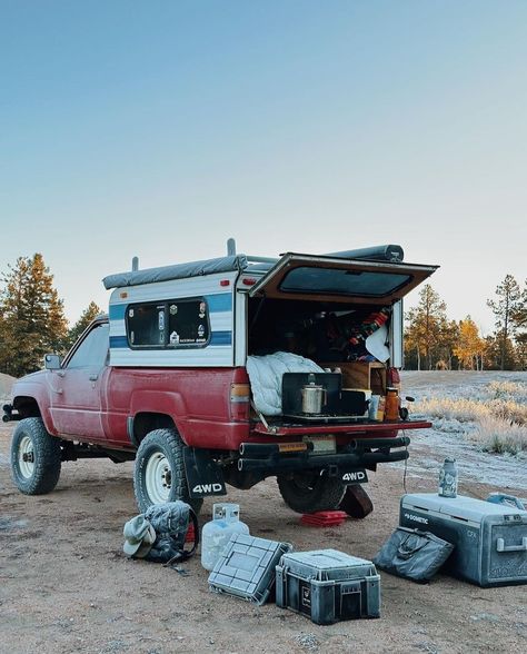 Truck Camper Aesthetic, Toyota Tacoma With Camper Shell, Toyota Rav4 Camping, Airstream Aesthetic, Toyota Tacoma Camper, Truck Camping Setup, Tacoma Camper Shell, Rav4 Camping, Tacoma Camper