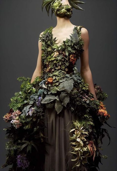 Flower Train Dress, Mushroom Inspired Dress, Forest Inspired Fashion, Forest Inspired Dress, Mushroom Dress Aesthetic, Natural Form Fashion, Nature Goddess Outfit, Earth Inspired Dress, Moss Outfit Aesthetic