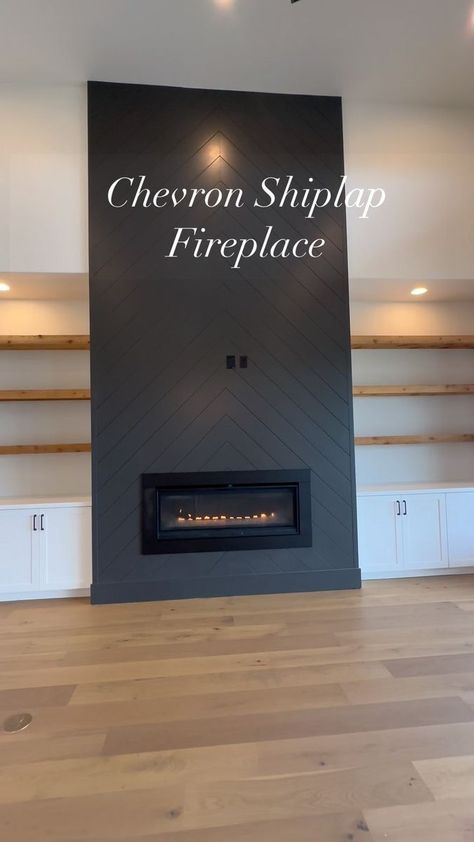 This floor to ceiling chevron pattern shiplap makes this fireplace such a beautiful focal point in this modern farmhouse living room. #princeconstruction #customhome #customhomes #fireplace #shiplapfireplace #chevronpattern #blackfireplace #ironore #gasfireplace #boernehomes #homesofinstagram #homesofinsta #buildersofig #customhomebuilder #texasbuilders #texaahomes #boerne #boernetx #boernetexas #sabinascreekranch | Prince Construction | oldiesforlife__ · Original audio Fireplace Feature Wall Ideas Shiplap, Herringbone Backsplash Fireplace, Black Herringbone Shiplap Fireplace, Floor To Ceiling Fireplace Shiplap, Black And Wood Fireplace Wall, Herringbone Tile Fireplace Wall, White Vertical Shiplap Fireplace, Black Shiplap Fireplace With Built Ins, Board And Batten Fireplace With Tv