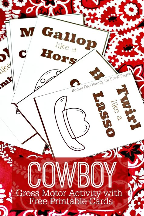 Fun Cowboy Gross Motor Activity For Preschool and Kindergarten with Free Printable Game- Pre-K Pages Wild West Preschool, Wild West Activities, Preschool Gross Motor, Wild West Crafts, Kansas Day, Texas Crafts, Texas Theme, Cowboy Crafts, Pre K Pages