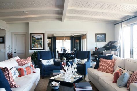 Color pallet Blue Living Room Inspiration, Coral Living Rooms, Outdoor Laundry, Traditional Design Living Room, Navy Living Rooms, Blue And White Living Room, Furnitur Ruang Keluarga, Living Room Orange, Fireplace Screen