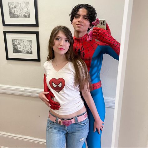 Coco Kawaii ❤️ ココ: Spider-Man and Mary Jane Watson by Andres and Coco Marvel Cosplay. Spider-Man: aabccosplays Mary Jane Watson: cocofashionistagal. Spider-Man comics suit and Mary Jane Spider-Man heart baby tee. #spiderman #maryjanewatson #marvel #mcbling #mcblingaesthetic #2000s #y2k #y2kfashion  #2010s Spider Man And Mary Jane Costume, Spiderman And Mary Jane Costume, Couples Halloween Costume Spiderman, Mj And Spiderman Costume, Spiderman Maryjane Costume, Spiderman And Mj Costume Halloween, Spiderman And Mj Costume, Mary Jane And Spiderman, Spiderman Mary Jane