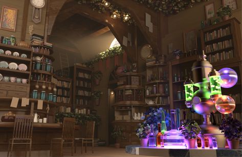 ArtStation - Potion Shop, Abby Ellis Potion Shop, Witch Room, Fantasy Rooms, My Fantasy World, Ancient Forest, Fantasy City, Fantasy Setting, Minecraft Projects, Modern Fantasy