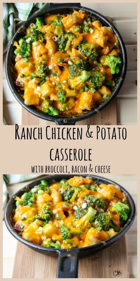 This Ranch Chicken and Potato Casserole with broccoli, bacon, and cheese is comfort food at it's finest and made all in one pan. Chicken Broccoli And Potato Bake, Chicken Potatoes Broccoli Bake, Chicken Bacon Ranch Potato Skillet, Chicken Potato Broccoli Bake, Chicken Potatoes Broccoli, Ranch Chicken Potato Casserole, Chicken And Potato Casserole, Casserole With Broccoli, Protein Dishes