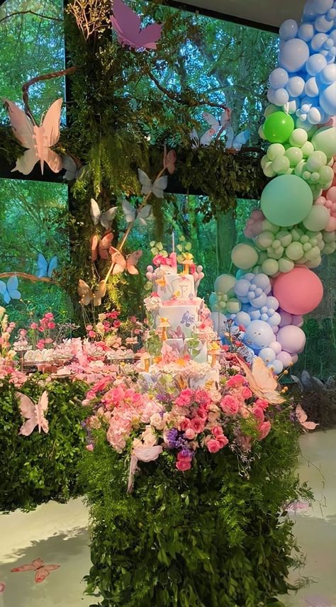 Butterfly Forest Party, Enchanted Wonderland Theme, Fairytale Themed Quinceanera, Butterfly Garden Theme Party, Pastel Quinceanera Theme, Enchanted Photoshoot Ideas, Butterfly Garden Quinceanera Theme, Enchanted One Birthday, Fairy Enchanted Forest Party