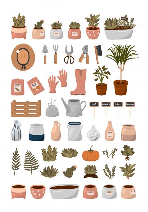 Gardening Tools Drawing, Gardening Cartoon, Gardening Tools Illustration, Garden Cartoon, Goodnotes Elements, Gardening Illustration, Spring Elements, Gardening Drawing, Spring Vector