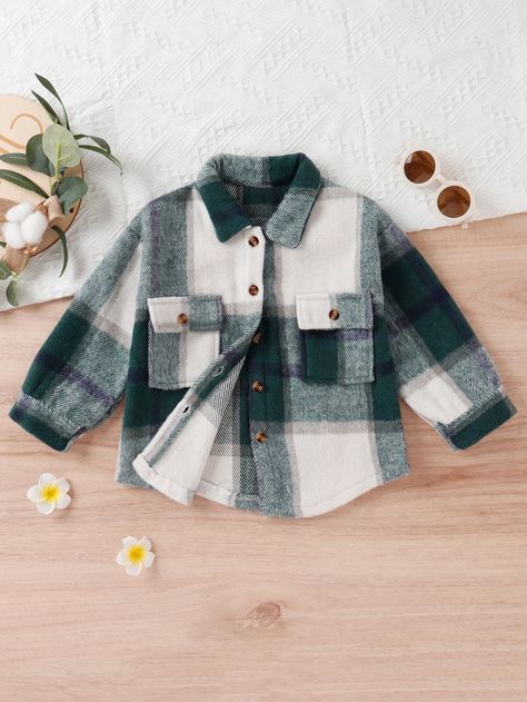 Green Casual  Long Sleeve Cotton Plaid   Non-Stretch Spring/Fall Toddler Girls Clothing Boys Boutique Clothing, Preppy Mode, Pink Plaid Shirt, Girls Flannel, Baby Boy Tops, Boy Outerwear, Baby Outerwear, Boys Plaid