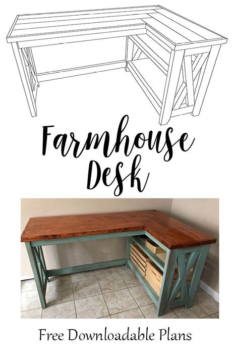 Build this fabulous Farmhouse X Desk with the help of these free downloadable plans from HeatherStudios.com. This home office farmhouse L-shaped desk is great for the DIY er using simple construction with 2x4's.  #DIYFurniture #FarmhouseStyle #L-ShapedDesk #FreePlans #FreeDeskPlans L Shape Desk Diy, L Shaped Desk Plans, Refurbished Desk, Diy Corner Desk, Diy Office Desk, Diy Desk Plans, Farmhouse Desk, Desk Plans, Diy Office