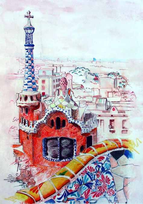 Gothic Watercolor, Parque Guell, Gaudi Art, Parc Guell, Antonio Gaudí, Architecture Sketchbook, Architecture Illustration, Watercolor Sketch, Urban Sketching