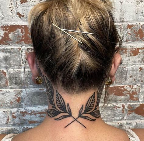 Back Of The Head Tattoo For Women, Small Side Of Neck Tattoo, Womens Back Neck Tattoo, Hairline Tattoo For Women Neck, Traditional Side Neck Tattoo, Women Back Neck Tattoo, Back Of Next Tattoo Women, Nape Neck Tattoo, Women’s Neck Tattoo Ideas