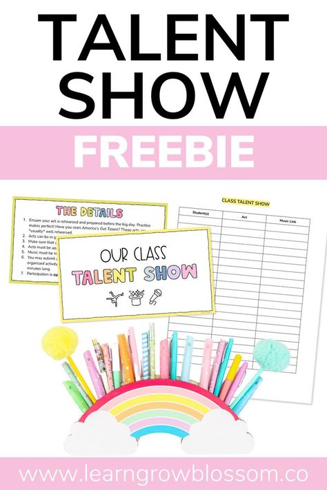 End of Year Talent show freebie showing the class slides and the sign up sheet included. Also showing a rainbow pen holder with colourful pens inside Music Practice, End Of Year Activities, Class Organization, Student Awards, End Of School Year, End Of School, America's Got Talent, Upper Elementary, Student Activities