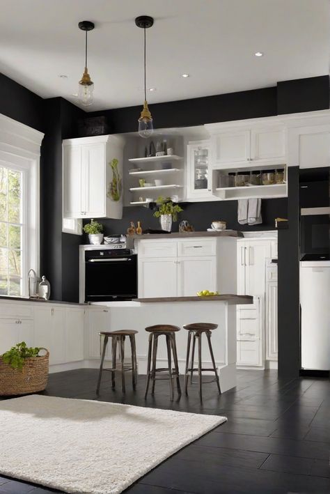 decorating interiors, interior bedroom design, designer wall paint, home paint colors White Walls Black Trim Kitchen, Black Walls White Cabinets, Black Wall Kitchen, Black Kitchen Walls, Black Walls Kitchen, Black Painted Walls, Light Oak Floors, Black Accent Walls, A Daily Routine